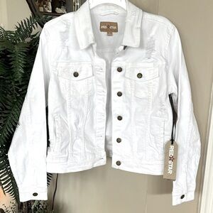 Brand New Red Star White Denim Button Up Collar Jean Jacket Distressed Cotton